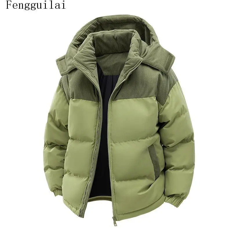 Men Color Block Hooded Puffer Jacket Corduroy Splicing Zip Up Warm Winter Coat Loose Casual Thick Quilted Outerwear