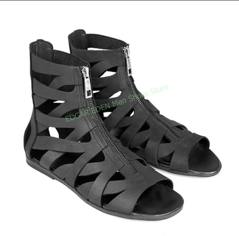 High Quality Hollowed Out Men's Leather Sandals Boots Male Front Zipper Comfortable Flat Heel Fashion Carved Black Ankle Sandals