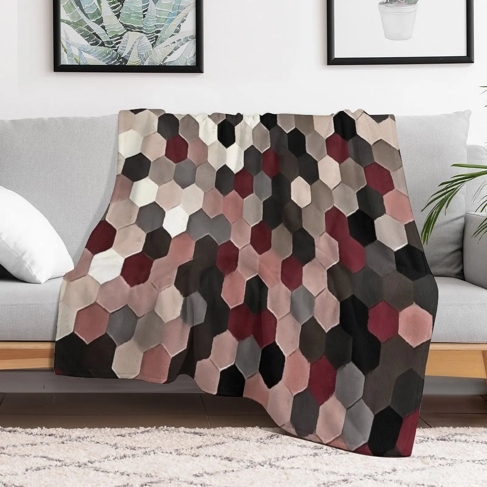 Hexagon Pattern In Gray and Burgundy Autumn Colors Painting Throw Blanket for sofa For Decorative Sofa Blankets