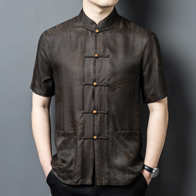 Jacquard Frog Tang Costume Shirts For Men Short Sleeve Loose Fit Summer Quality Silk Viscose Pockets Oversized Camisas De Hombre