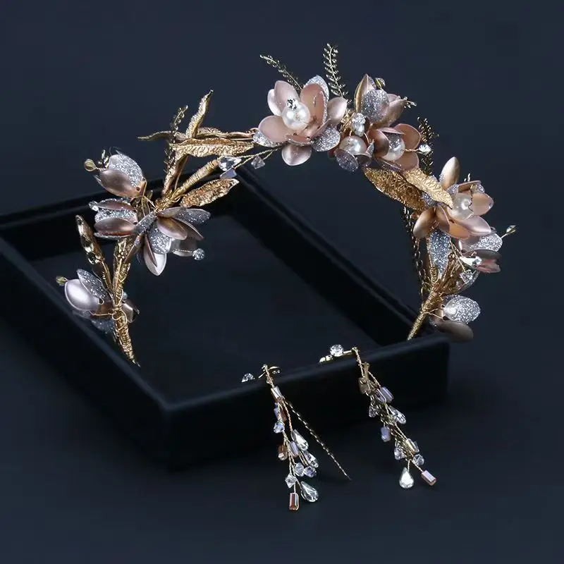 

New Korean Style Forest Fairy Headband Bride Wedding Dress Hair Accessories Golden Glitter Flower Veil Headdress