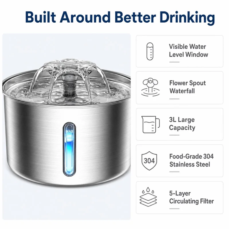 Automatic Circulating Pet Water Fountain 3L Stainless Steel Visible Water Level Window Replacement Filter For Cats And Dogs