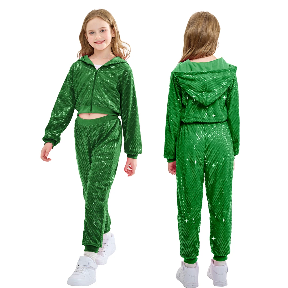 LOlanta 2Pcs Girls Sequin Hooded Jacket & Pants Set Kids Hip Hop Dance Clothing Theme Party Outfits for 5-12 Years