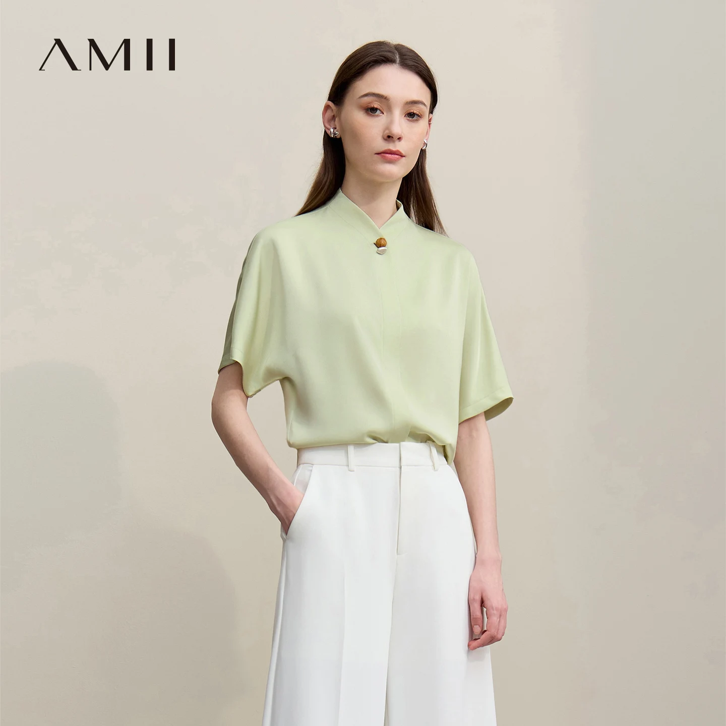 Chemisier Amii pour femme, nouvelle collection été 2026, col montant, manches raglan, haut en mousseline, chemise élégante ample à manches courtes pour femme 12642031