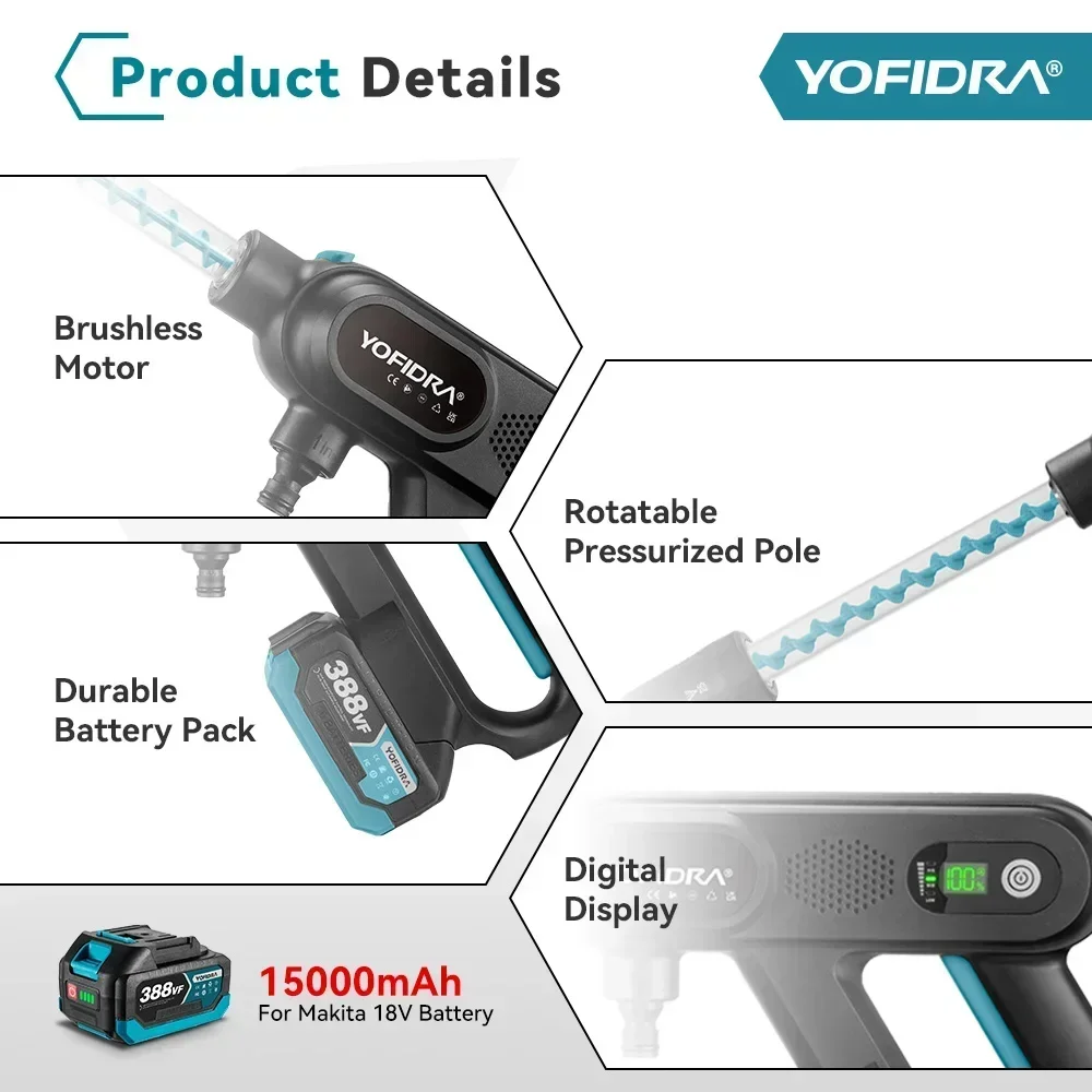 YOFIDRA 250 Bar bürstenlose Hochdruck-Autowaschpistole, 3 Gänge, elektrische Gartenwasch-Wasserwasch-Spritzpistole für Makita 18 V-Batterie