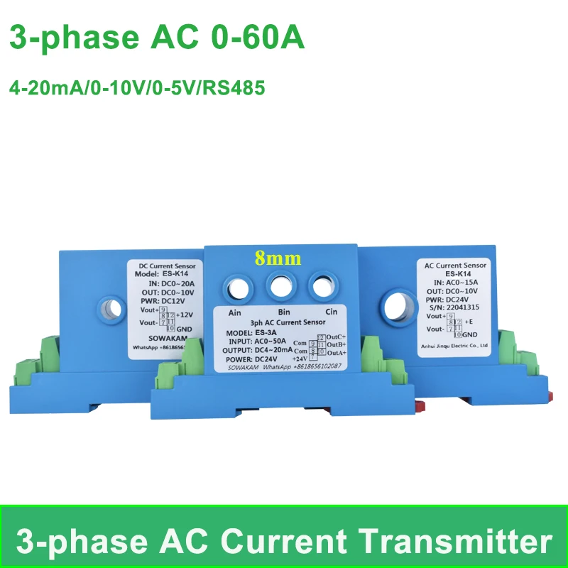 Three-phase AC current transmitter AC 5A 10A current sensor 4 to 20mA 0-10V rs485 analog signal converter 24VDC