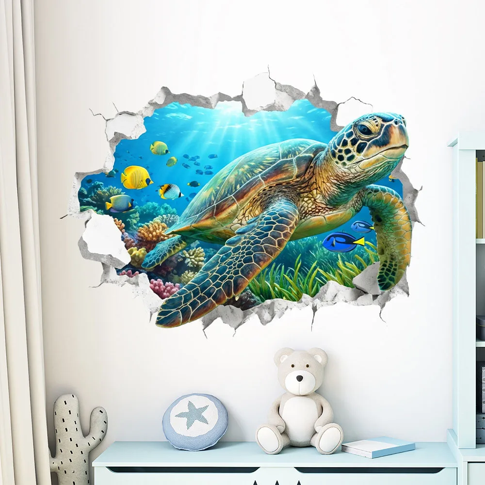 3D Sea Turtle Wall Decal, Breakthrough Underwater Ocean Scene Peel and Stick Wall Sticker, Removable Vinyl Art for Kids Bedroom