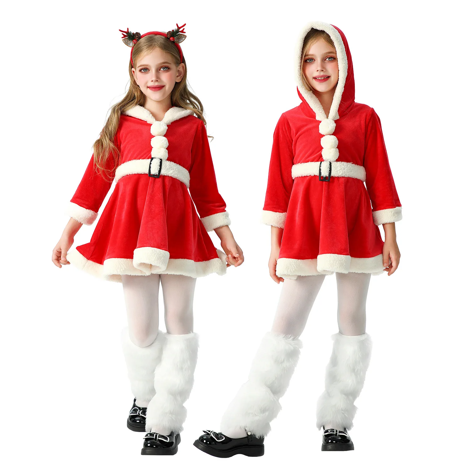 

Kids Christmas Reindeer Dress Winter Warm Cosplay Santa Costume Long Sleeve New Year Party Kids Outfit Waist Belt Girl Clothes