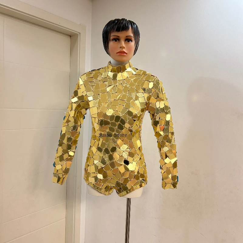 골드 미러 여성 의상 하이넥 긴팔 점프수트 나이트클럽 바 DJ DS 고고 댄서 공연 무대 의상 섹시 의류