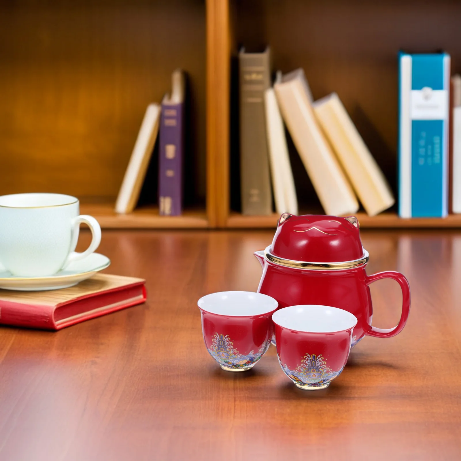 

1Set Creative Lucky Cat Ceramic Tea Set with Gold Highlights Compact Teapot and Two Cups for Office Home Travel Portable Tea