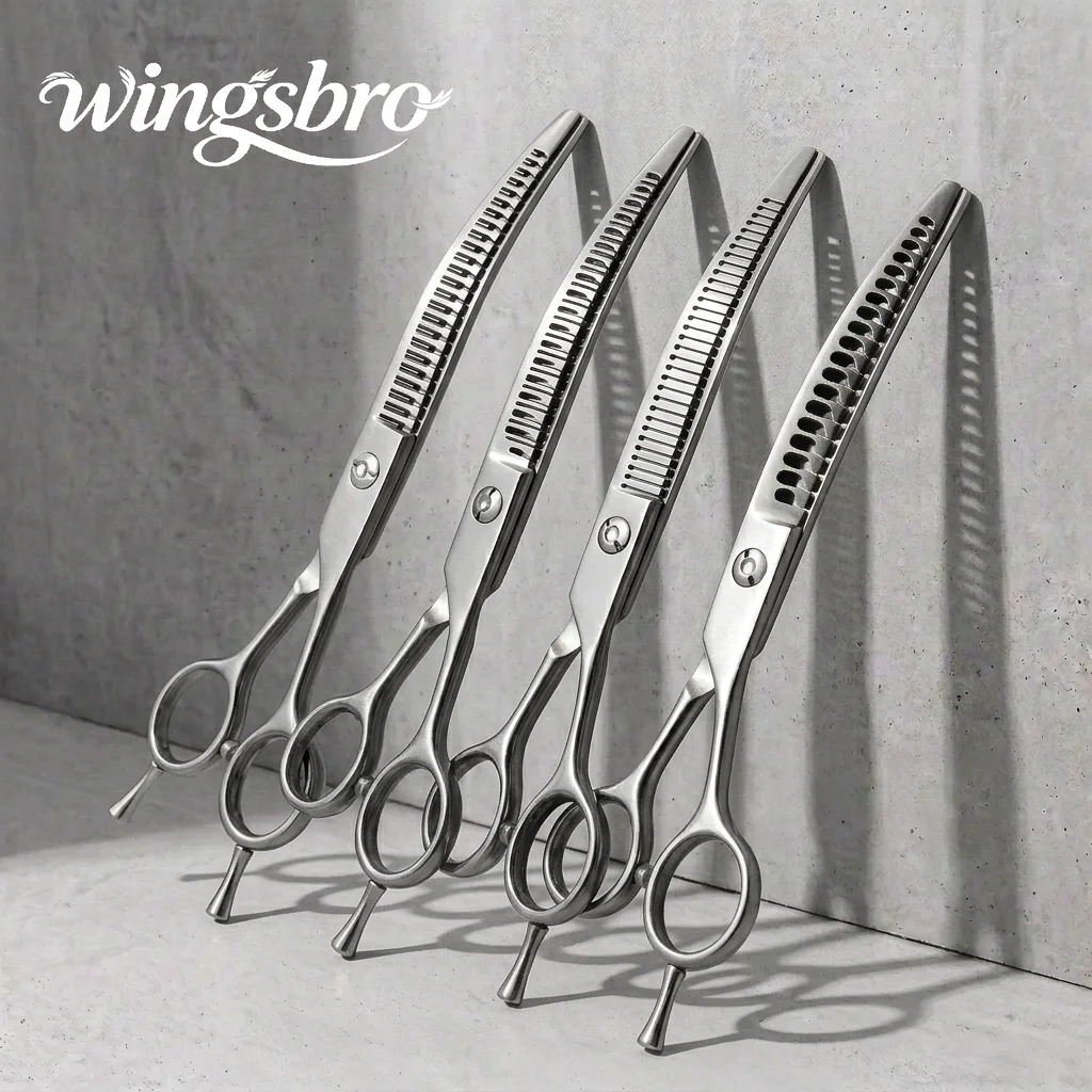 Wingsbro 7 Zoll gebogene Hundeschere, 4 verschiedene Ausführungen von gebogenen Haustier- und Haarschneidescheren – Detail 1