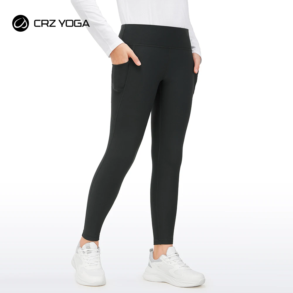 

CRZ YOGA Girls Thermal Fleece Lined Athletic Leggings Water Resistant High Waist Warm Winter Kids Lounge Pants Side Pockets