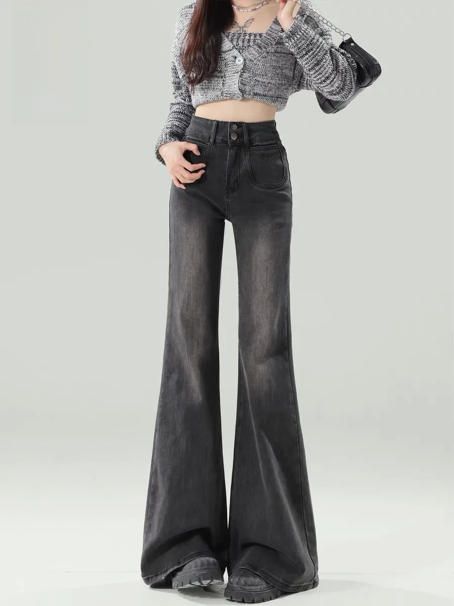 

High Waist Fce Lined Flared Jeans Women's Autumn Winter American Sle Small Size Non-Matching Leggings