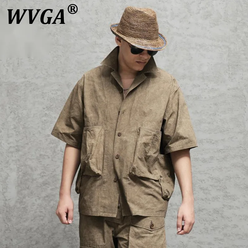 

WVGA Летние новые мужские рубашки High Street Dirty Dye с короткими рукавами и несколькими карманами Нишевые винтажные хлопковые повседневные топы Ins W9962