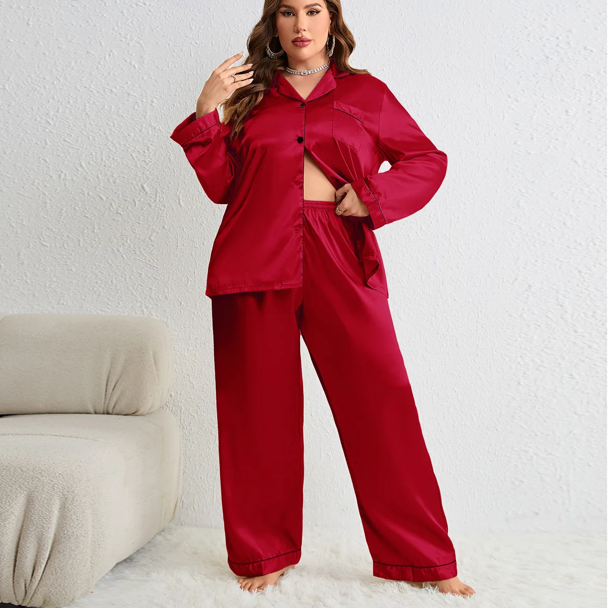 Solid Color Turn-down Collar Pajamas Cardigan Long Sleeved Top and Pants Set Thin Silk Imitation Nightgown Leisure Home Clothes