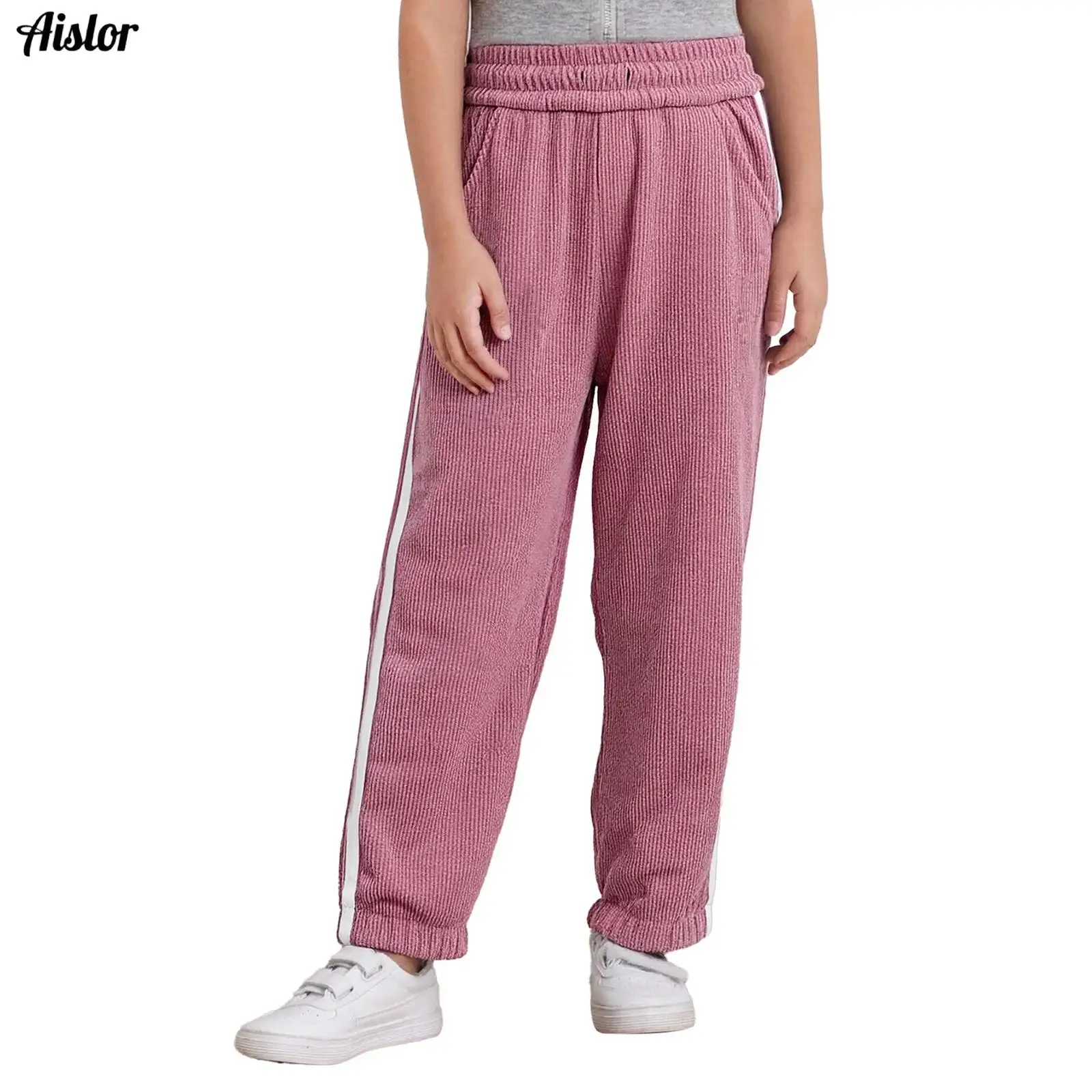 

Kids Girls Winter Warm Fleece-Lined Corduroy Pants Elastic Waistband Sides Striped Sweatpants with Pockets Trousers Casual Pants