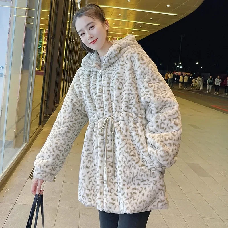 2022 Autumn Winter Faux Mink Fur Coat Women Leopard Print Fur Jacket Hooded Overcoat Young Girl Loose Long Outerwear Warm Tops