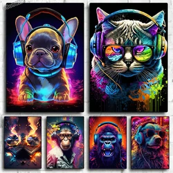 Animal Monkey Cat Dog Headphone Dj Music Poster Canvas Print Painting Vinyl Record Playing Music Picture Internet Bar Room Decor