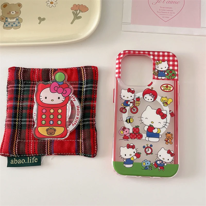 Śliczne różowe etui z kratką Hello Kitty Magsafe do ładowania bezprzewodowego dla iPhone\'a 13 14 15 Pro Max 16 Pro Max Urocza mobilna podstawka