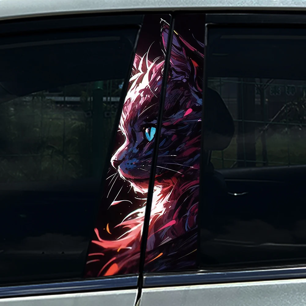 2PCS 3D Colorful Cyber Cat Car B Pillar Sticker, Waterproof UV-Resistant Auto Window Decal, Cool Peeking Cat for All Cars