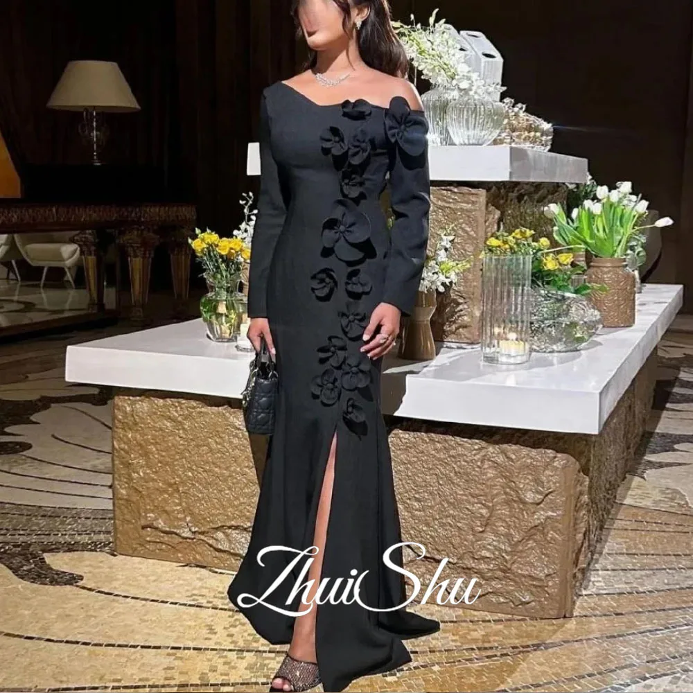 

ZHUISHU Black Elegant Evening Dresses for Special Occasions 3D Flowers Elegant Party Dress Side Slit Customized Mermaid Woman