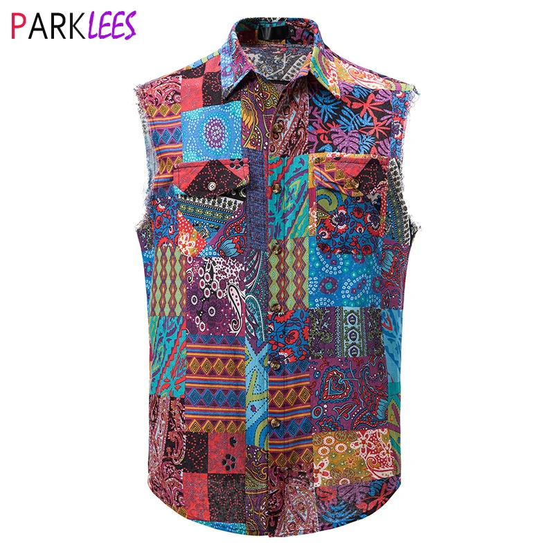 African Print Double Pocket Sleeveless Shirt Men Hip Hop Cowboy Button Down Cotton Vest Shirts Mens Hippie Beach Hawaiian Blouse