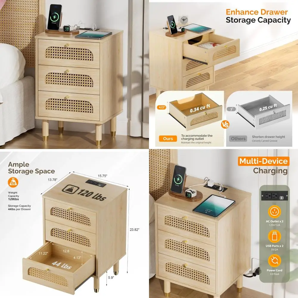 

charging station rattan 3-drawer bohemian style wooden bedside table