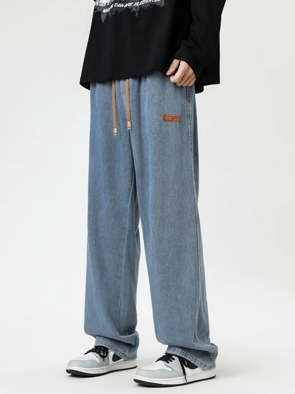 

Мужские джинсы в американском ретро-стиле, новые весенние, свободные, с эластичным поясом, повседневные, прямые, длинные брюки, модные, из хлопка и полиэстера.