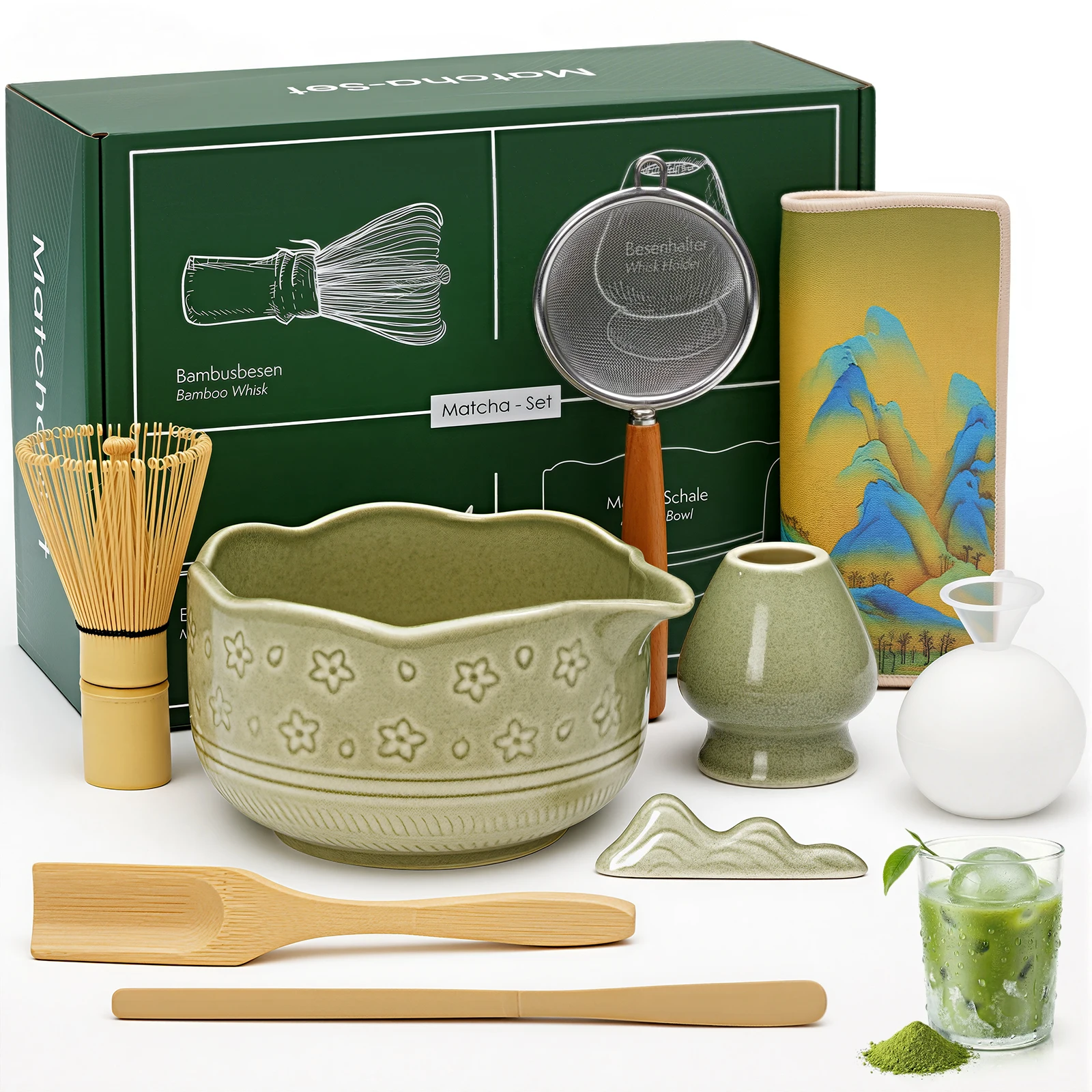 Image of Macha-Tee 9-teiliges Set - Kirschblüten-Matcha-Schale, Chasen, Chashaku, Keramik-Besenhalter, Pulversieb, Teetuch Matcha-Set