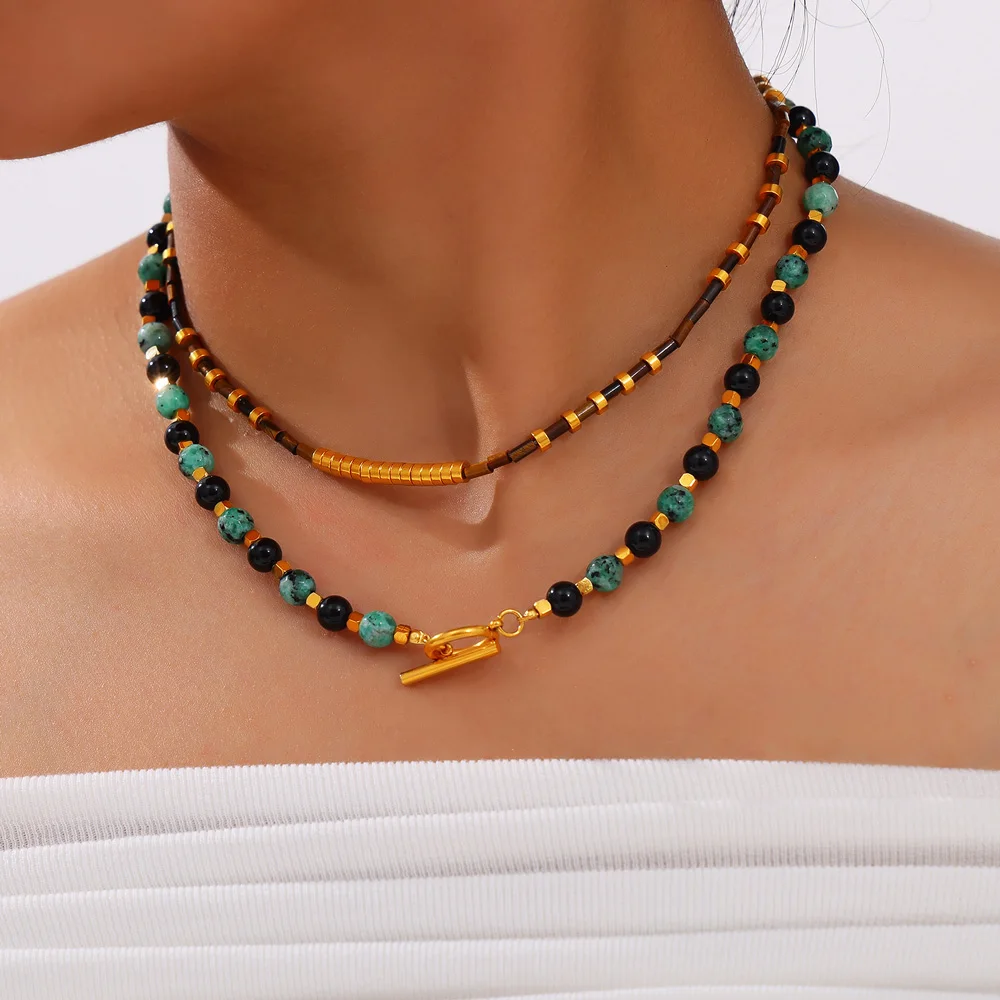 Necklace Set For Fashion Women Stainless Steel Colorful Nature Stone Chain Beaded Luxury Jewelry Party Wedding Gift