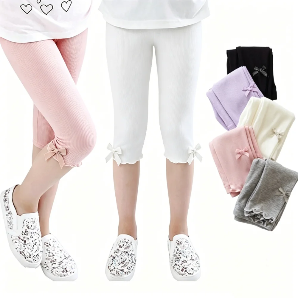 Pantalons pour filles de 3 à 11 ans, longueur genou, avec nœud, couleur bonbon, vêtements courts pour enfants, printemps-été, bas assortis à tout, leggings