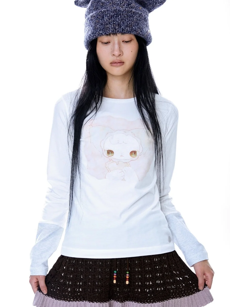 Cseta de Manga Longa com Estampa de Boneca Fena Estilo Vintage Japonês Slimming Top Versátil Respirável gável à Pele