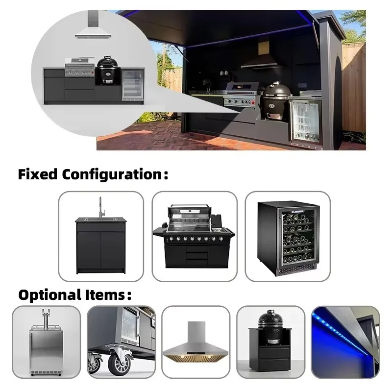 Complete Outdoor Kitchen Unit, Weatherproof 304 Stainless Steel Roller Shutter Barbecue Shed With Refrigerator Cabinet