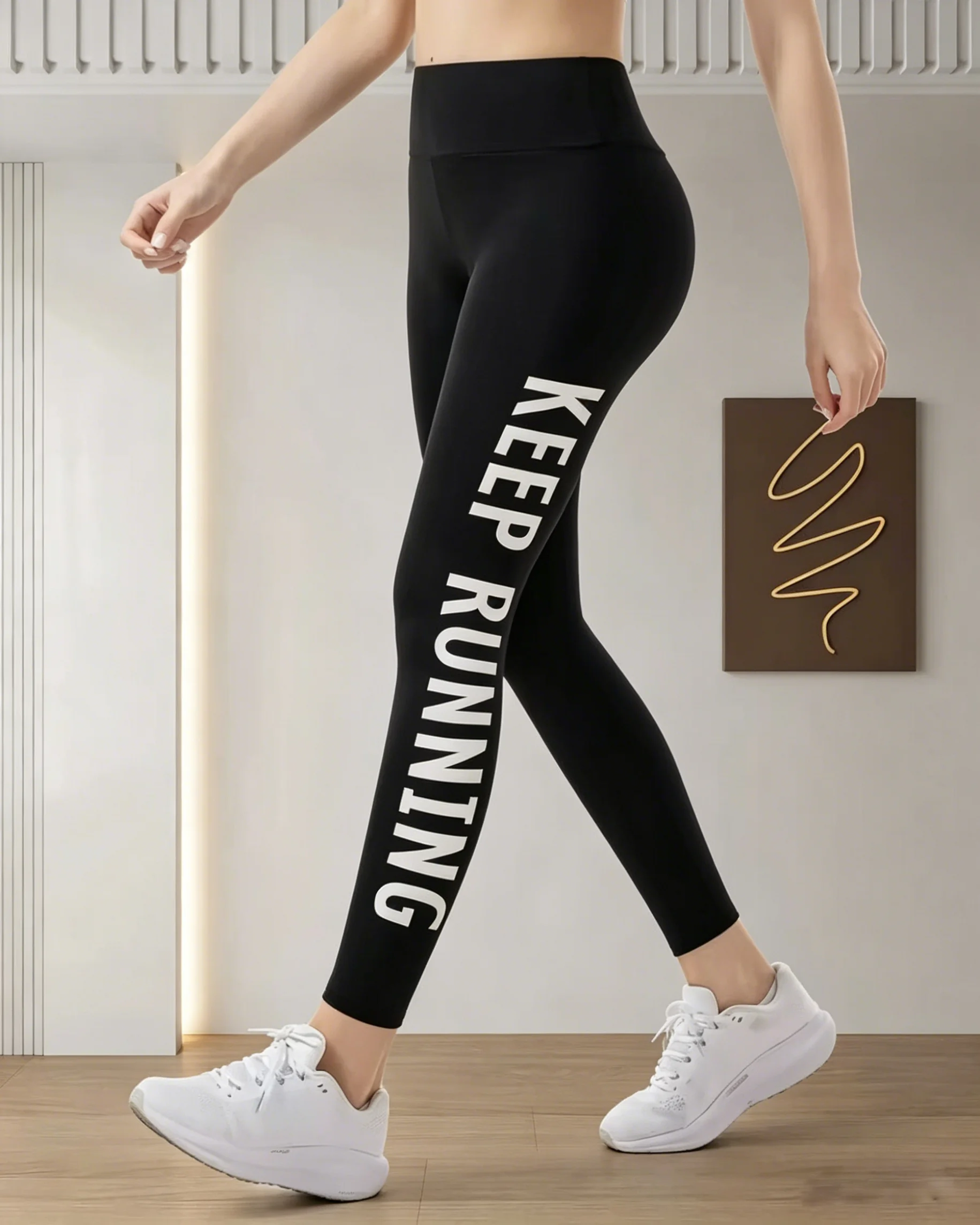 

Женские леггинсы с надписью "KEEP RUNNING", спортивные брюки с высокой талией для коррекции живота, эластичные леггинсы для йоги и бега