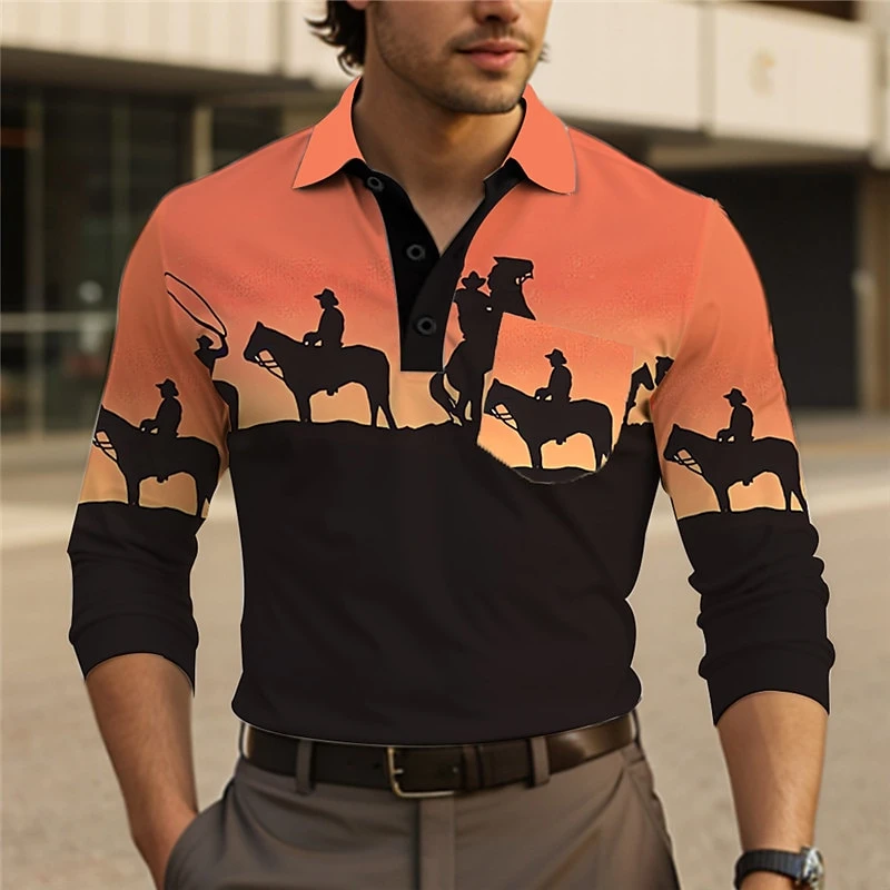 Vintage Cavalry Pattern Polo Shirt Casual Autumn Long Sleeve Fashion 3D Printed Westen Polo T-shirt Loose Streetwear Pullovers