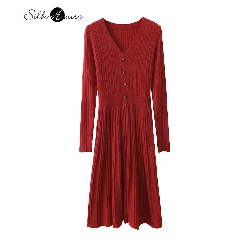 

2024 Women's Fashion Autumn/Winter New 100% Wool Solid Color V-neck Waist Long Sleeve V-neck Knitted Casual Dress