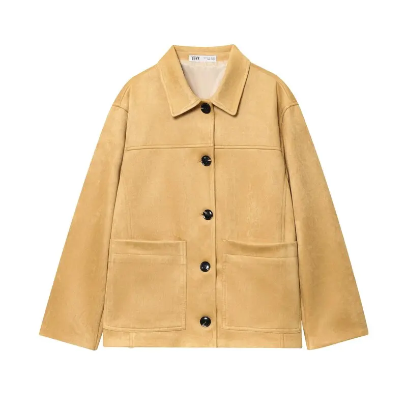 Women's Loose Long Sleeve Faux Leather Jacket Autumn New Arrival Versatile Outerwear Warmth Fashion Style Button Closure