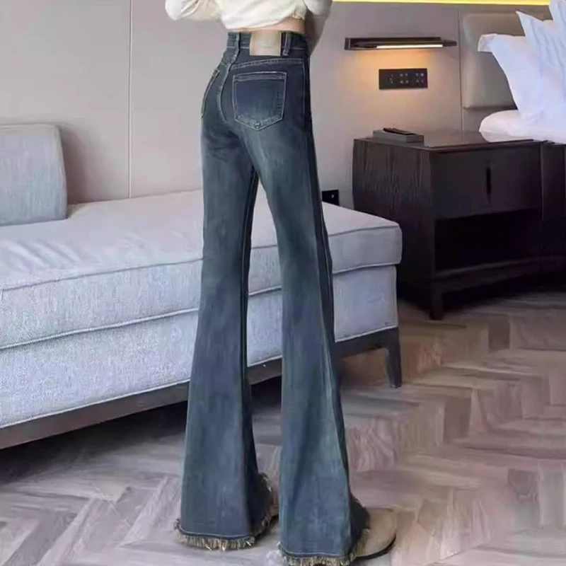 Retro Blue High Waist Flare Pants for Women Summer New Rough Edge Slim Long Jeans Ladies Fashion Pocket Decor Full Denim Pants