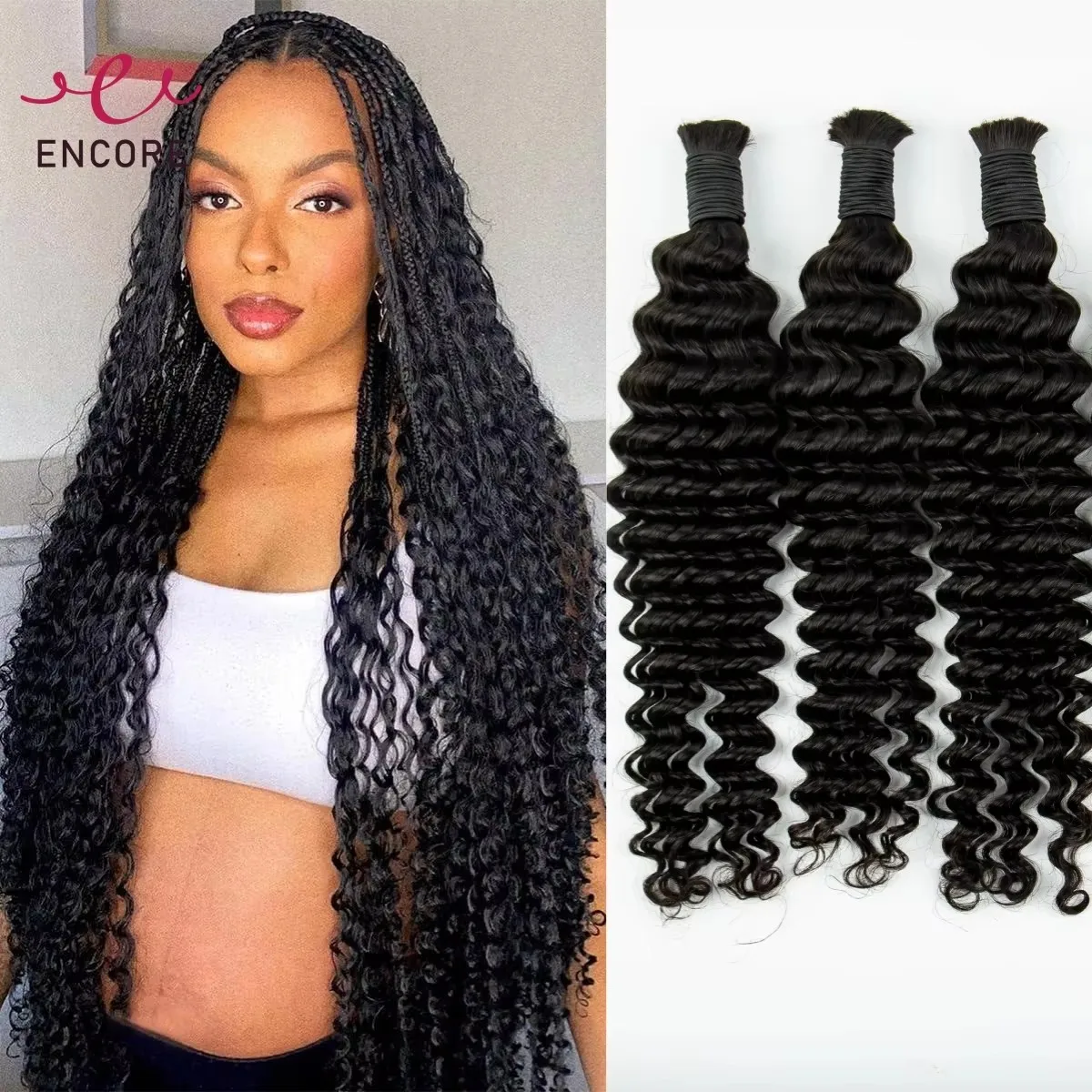 Onda profunda encaracolado trança em massa cabelo 100% cabelo humano sem trama boho tranças extensões pacotes natural cabelo virgem brasileiro em massa