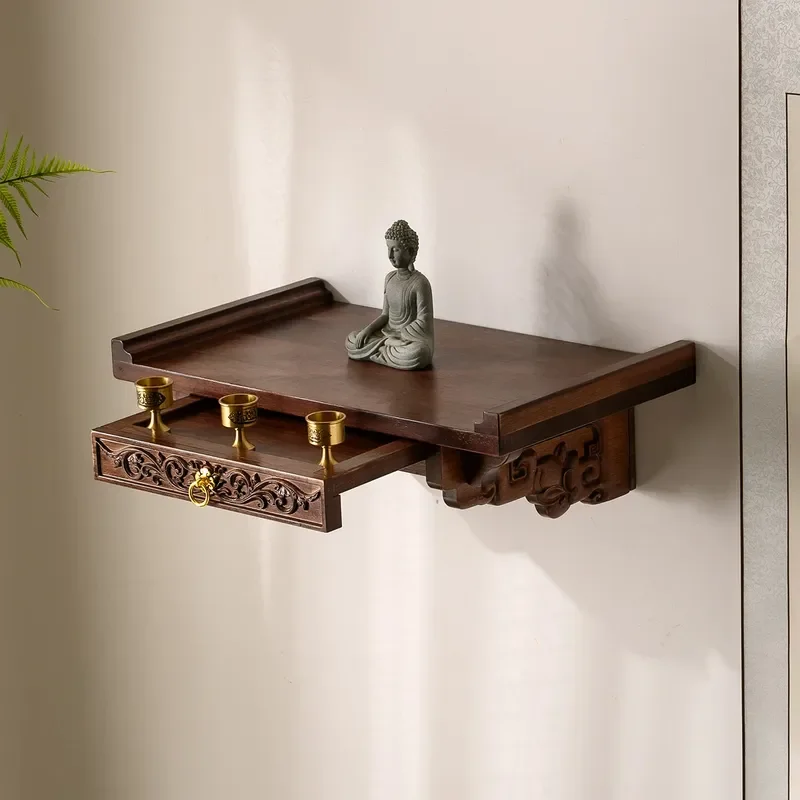 Solid Wood Wall Mounted Buddhist Shrine Shelf for Guanyin Statue Incense Burner Holder Divine Seat Storage Bracket Home Decor