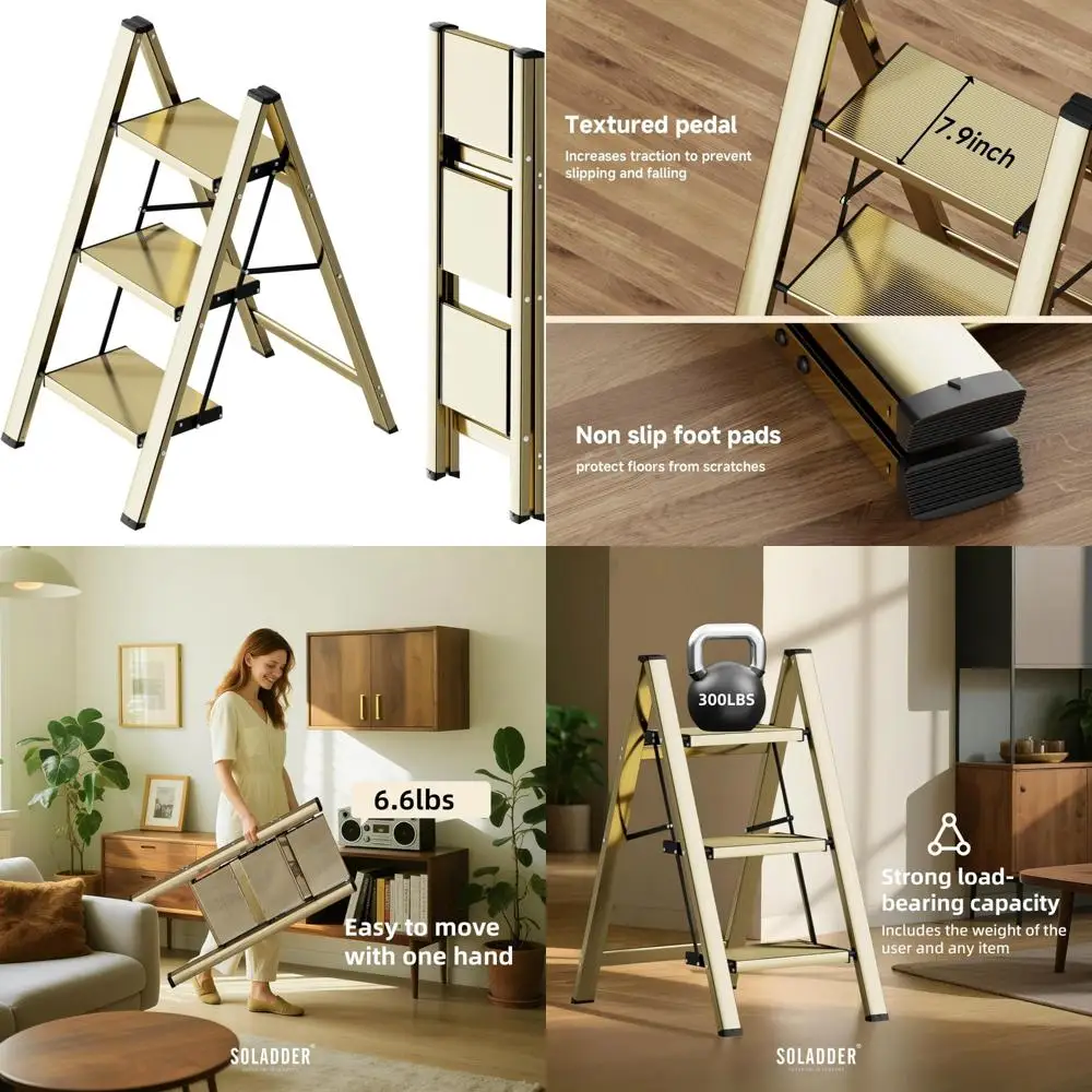 3-Stufen-Leiter, rutschfeste und leichte faltbare Trittleiter für Erwachsene und Kinder zur Verwendung in der Küche, Schrank und Bibliothek, 300 Pfund (Gold).