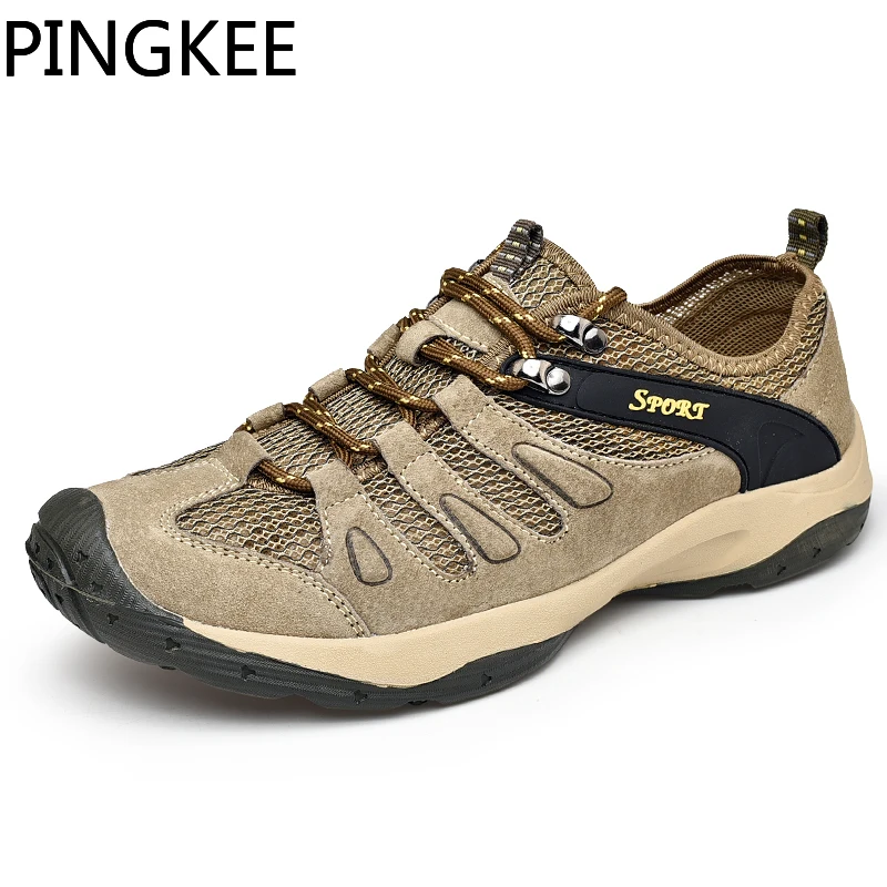 PINGKEE Round Toe Bumper Man Leather Lace-lock Bungee Cord Mesh Wading Trail Trekking Backpacking Sneakers Hiking Men Shoes