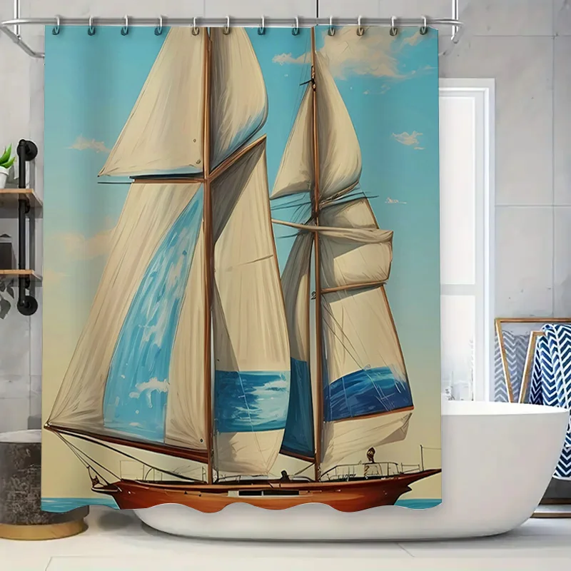 

Sailboat-themed shower curtain Blue sea waves sailboat pattern waterproof bathroom curtains set home decor accessories for kids'