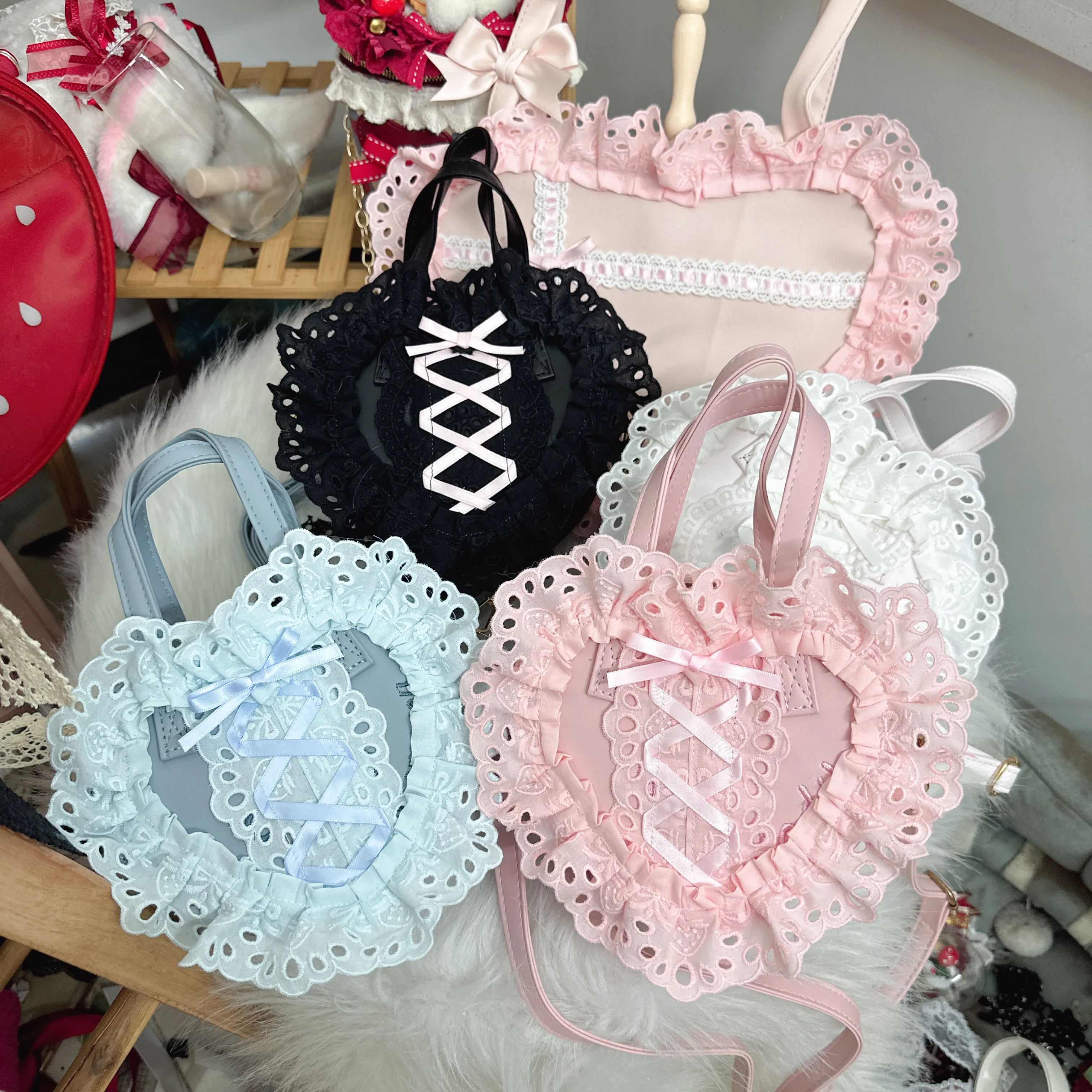 Lolita Handmade Love Heart Lace Flower Cute Shoulder Bag Sweet Girl Students Bow Tote Handbags