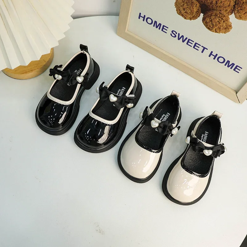 Girls Princess Leather Shoes Love Bowtie Black Kids Mary Jane Shoes Fashion School Versatile Children Causal Shoes Spring Autumn