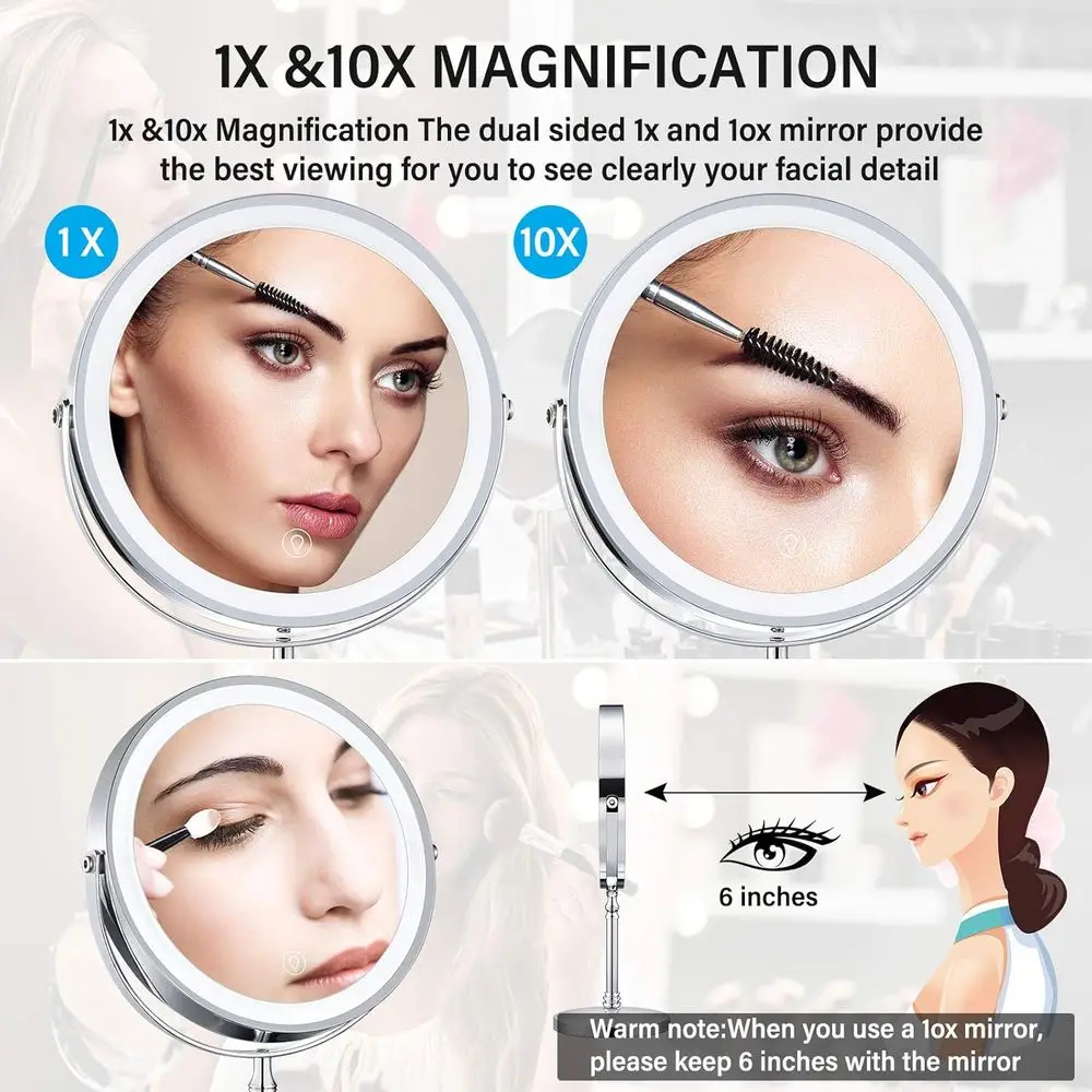 Miroir de maquillage Double face 10X LED avec luminosité réglable, miroir de courtoisie sans fil rechargeable