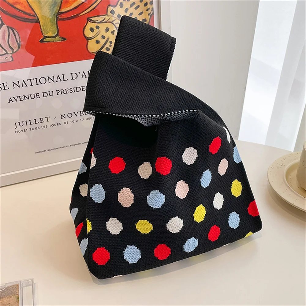 Bunte Punkte gestrickte Handtasche Frauen Mini Knoten Handgelenk Tasche tragbare lässige Walking quadratische Weste Tasche wieder verwendbare Reise Einkaufstasche