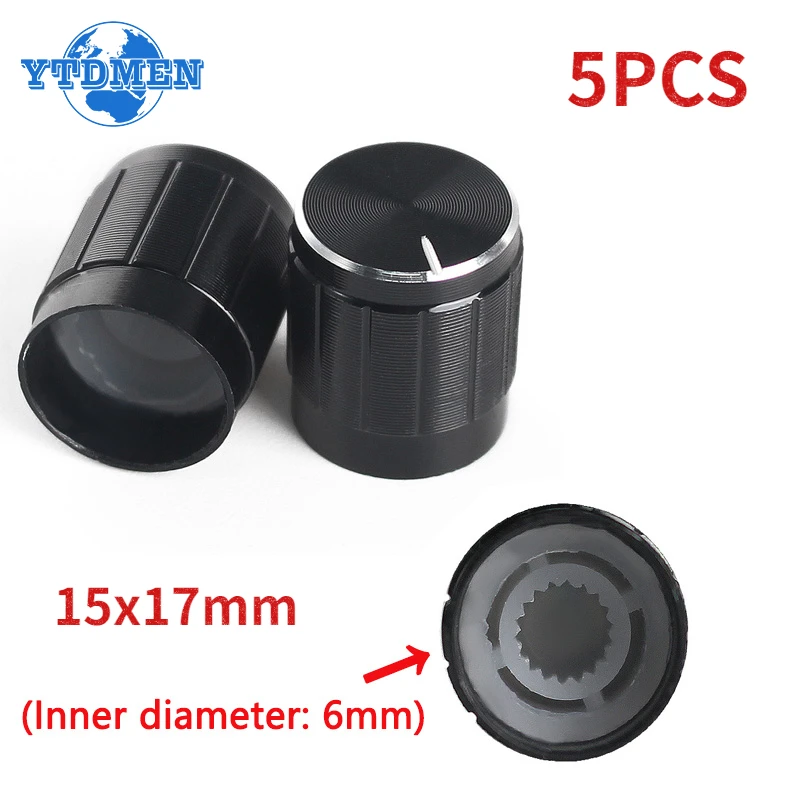 5 szt. Pokrętło potencjometru czarne pokrętła do regulacji głośności 6mm wałek radełkowany potencjometr 15x17mm nakładka ze stopu aluminium