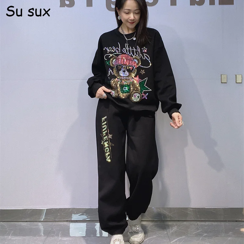 

equins Cartoon Bear Pullover Sweatshirts 2 Piece Sets Woman Outfits Casual Oversized Pant Sets Bust 120cm 2026 Autumn Streetwear