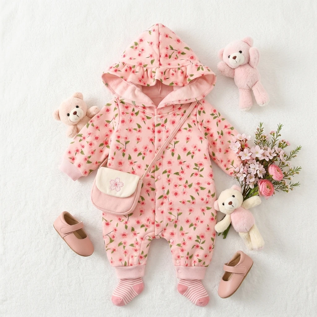 Winter Long Sleeve Hooded Warm Cute Flower Baby Girls Rompers Thickened